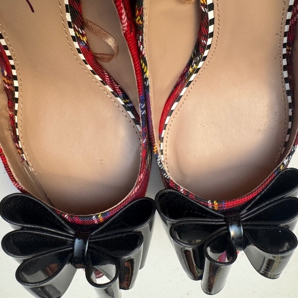 Betsey Johnson Heel 9 Christmas Red Plaid Bow Stiletto Pointed Toe Pumps Holiday - Picture 5 of 10
